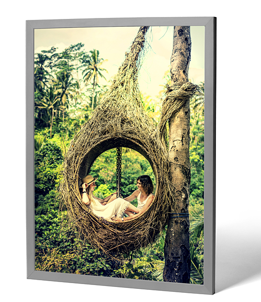 75cm x 50cm portrait metal print in frame, with family in wooden swing